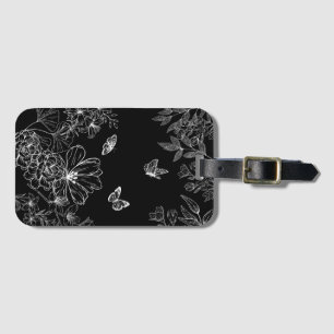 Étiquette À Bagage Motif minimaliste de la nature florale noire et bl