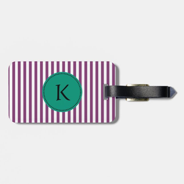 Étiquette À Bagage Motif Monogram Purple et Emerald Green Stripes (Dos horizontal)