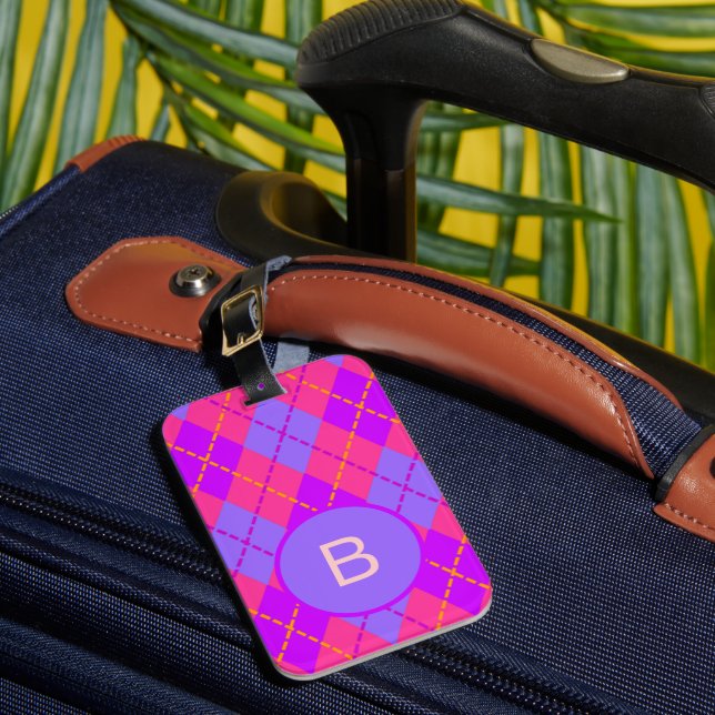 Étiquette À Bagage Motif monogramme argyle rose et bleu vif (Insitu Rectoal 1)