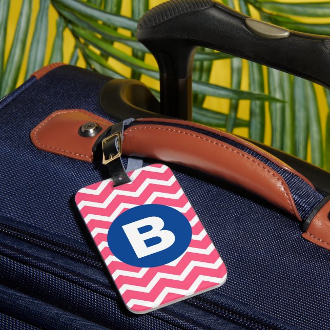 Étiquette À Bagage Motif monogramme chevron rose vif et blanc (Insitu Rectoal 1)