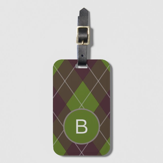 Étiquette À Bagage Motif monogramme classique en argyll vert foncé (Devant Vertical)