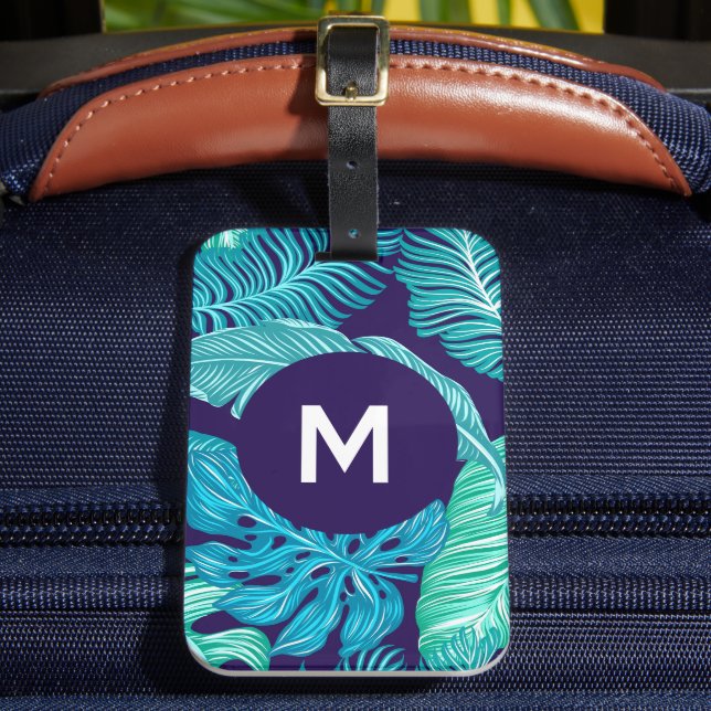Étiquette À Bagage Motif monogramme de feuilles vert bleu tropical (Insitu Rectoal 2)