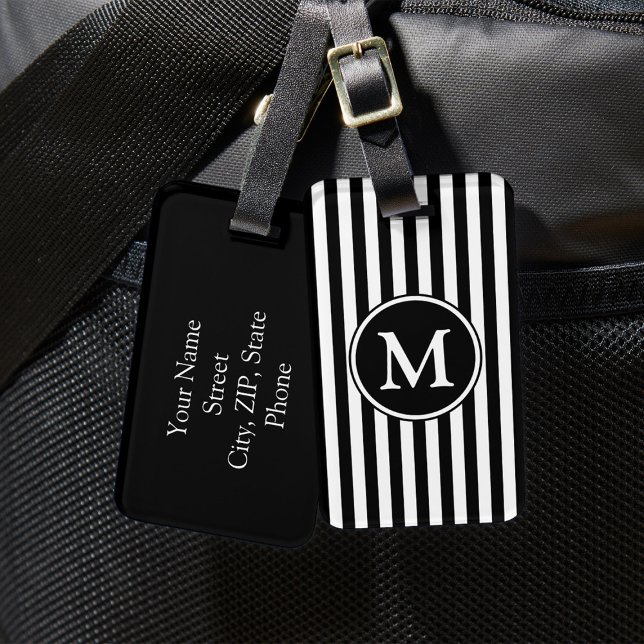 Étiquette À Bagage Motif noir blanc rayé Monogramme (Black White Pattern Striped Pattern Monogram Luggage Tag)
