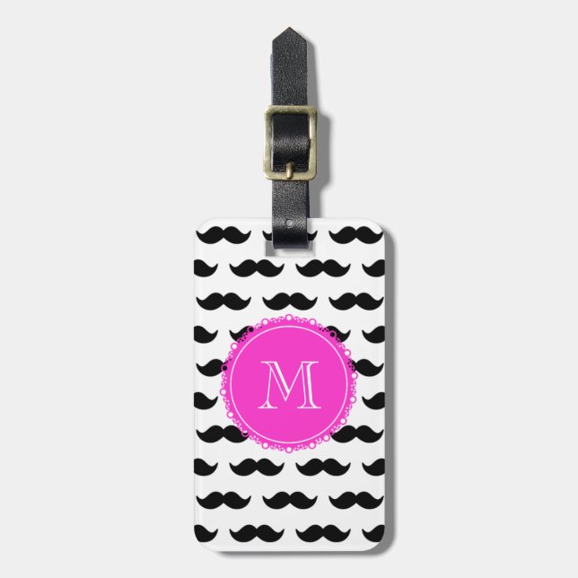 Étiquette À Bagage Motif noir de moustache, monogramme de roses (Devant Vertical)