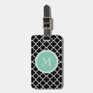 Étiquette À Bagage Motif noir de Quatrefoil, monogramme vert en bon