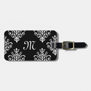 Étiquette À Bagage Motif noir et blanc décoré d'un monogramme élégant