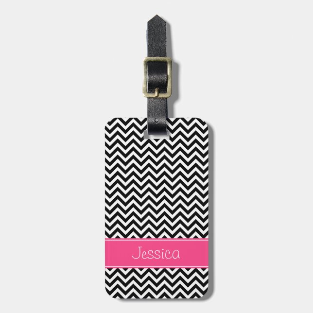 Étiquette À Bagage Motif noir et rose de Chevron personnalisé (Devant Vertical)