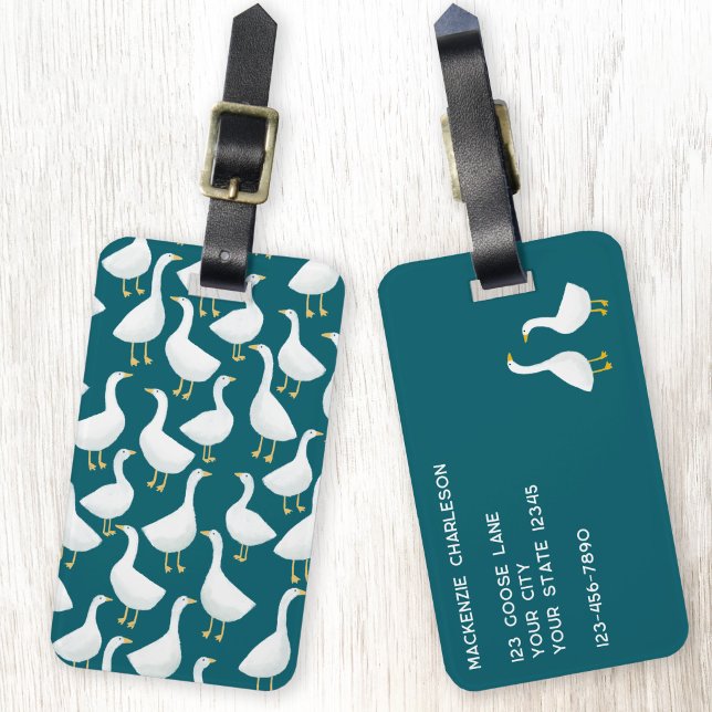 Étiquette À Bagage Motif Oiseau Oie Vert Sarcelle (Goose geese art custom text luggage tag in teal green)