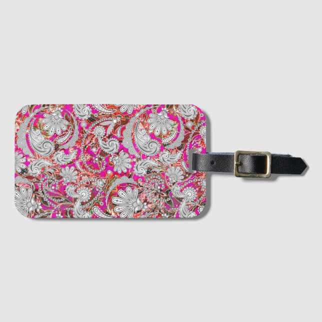 Étiquette À Bagage Motif paisley blanc rose (Devant Horizontal)