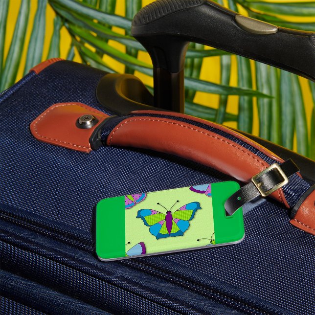 Étiquette À Bagage Motif Papillon Patchwork sur Fond Vert (Créateur téléchargé)