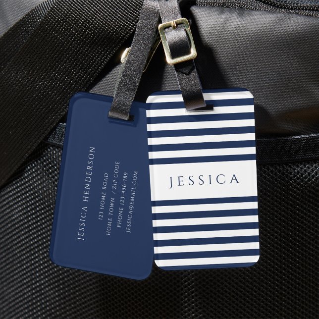 Étiquette À Bagage Motif rayé bleu marine moderne (Modern Navy Blue Striped Pattern Luggage Tag)