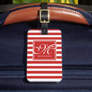 Étiquette À Bagage Motif rayé rouge et blanc - Monogramme