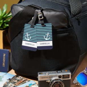 Étiquette À Bagage Motif rayé turquoise aqua nautique personnalisé