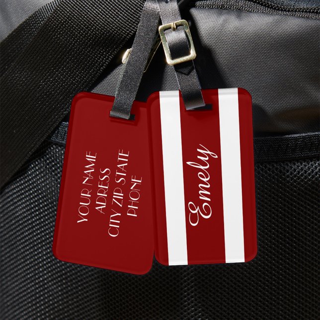 Étiquette À Bagage Motif rayures rouges et blanches modernes Nom (Modern Red And White Stripes Pattern Name Luggage Tag)