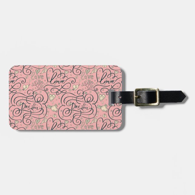 Étiquette À Bagage Motif romantique avec des coeurs et des oiseaux (Devant horizontal)