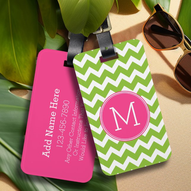 Étiquette À Bagage Motif rose et vert Chevron avec Monogramme (Personalized luggage tag - Add Your contact information and monogram)