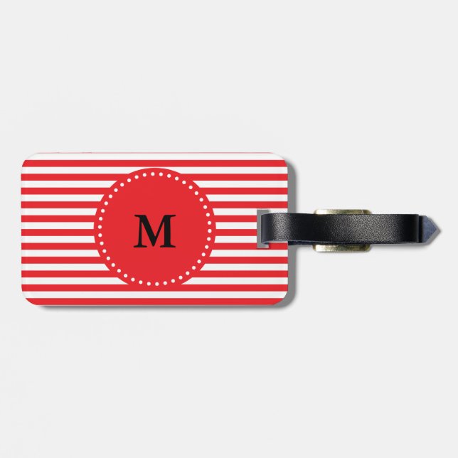 Étiquette À Bagage Motif rouge et blanc de monogramme de rayures (Dos horizontal)