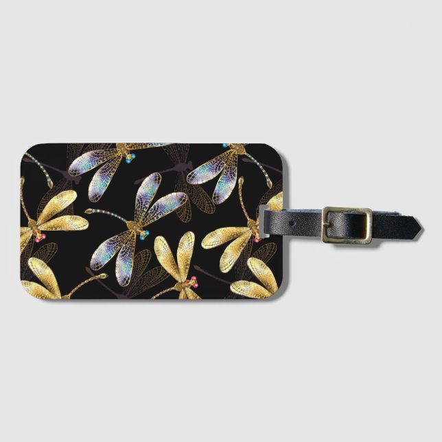 Étiquette À Bagage Motif sans couture avec libellules d'or (Devant Horizontal)