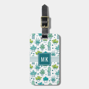 Étiquette À Bagage Motif succulent d'aquarelle verte et bleue