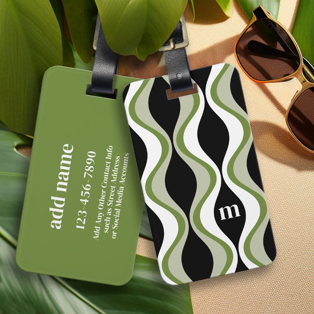 Étiquette À Bagage motif super rétro - monogramme - noir olive (Custom Luggage Tag - Personalized Bag Tag)