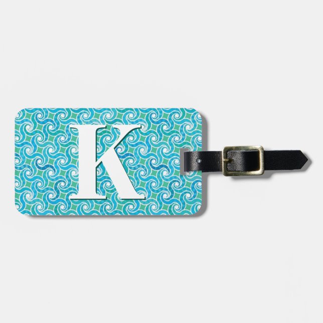 Étiquette À Bagage Motif torse, turquoise, avec monogramme (Devant horizontal)