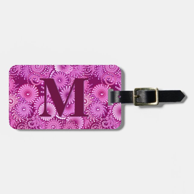 Étiquette À Bagage Motif tourbillon fractal, violet, avec monogramme (Devant horizontal)