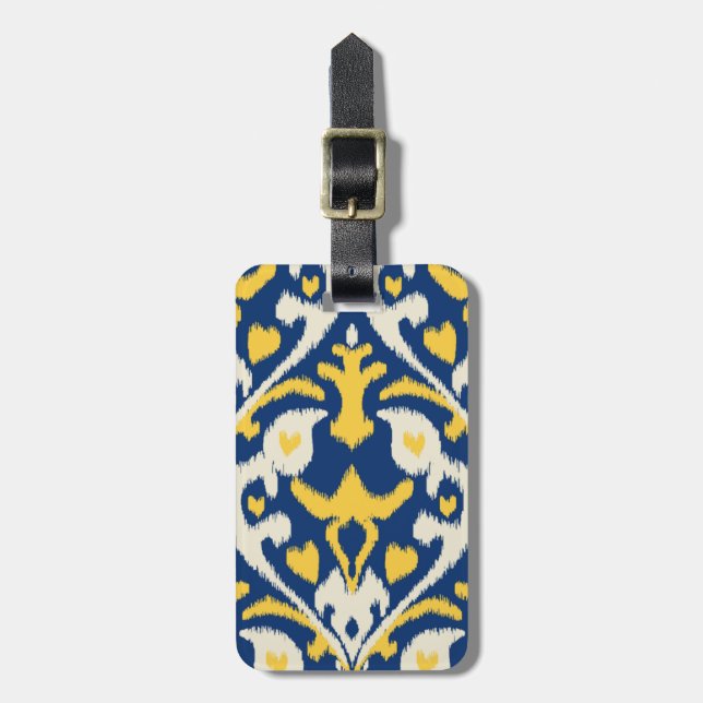 Étiquette À Bagage Motif tribal d'ikat bleu jaune de couleur chamois (Devant Vertical)