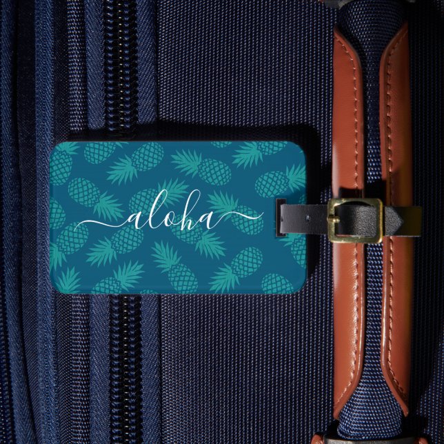 Étiquette À Bagage Motif tropical de l'ananas bleu sarcelle écriture  (Insitu Rectoal 4)