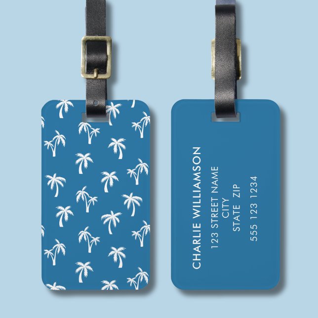 Étiquette À Bagage Motif tropical palmier bleu (Blue palm tree patterned luggage tag)