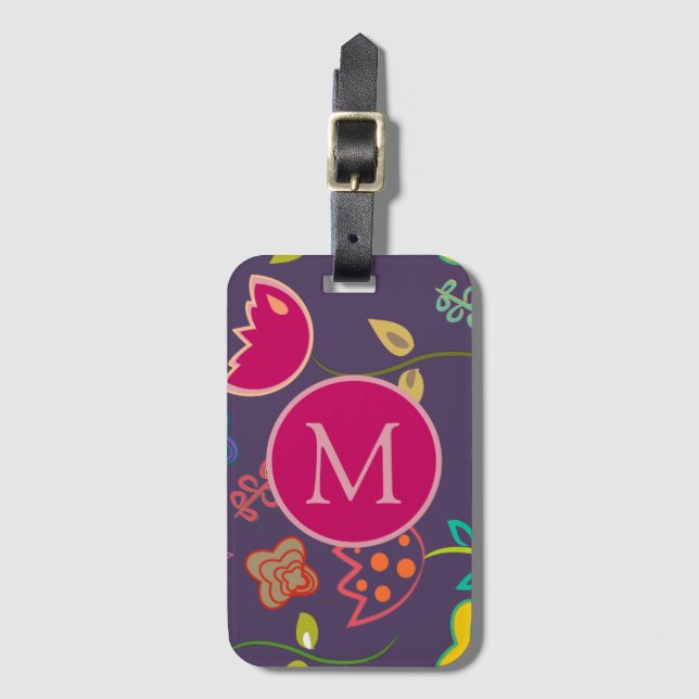 Étiquette À Bagage Motif tulipe funky monogramme violet (Devant Vertical)