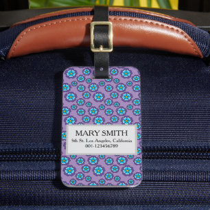 Étiquette À Bagage Motif Violet Fleurs Bleues Personnaliser