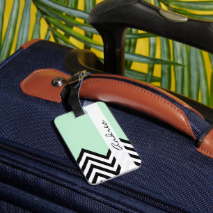 Étiquette À Bagage Motif Zigzag noir et blanc, Vert, Votre nom
