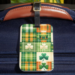 ÉTIQUETTE À BAGAGE MOTIFS À CARREAUX IRLANDAIS VERTS ET ORANGES