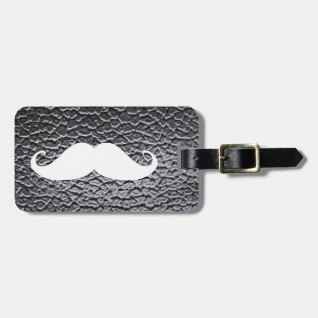 Étiquette À Bagage Moustache blanche drôle sur le motif en cuir noir (Devant horizontal)