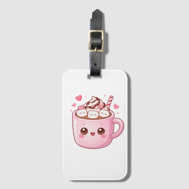 Étiquette À Bagage Mug de Chocolat Chaud Kawaii Mignon avec des Marsh (Devant Vertical)