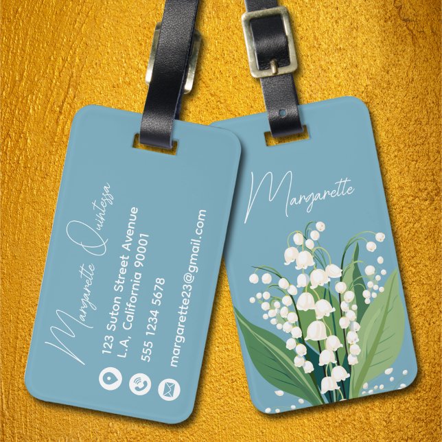 Étiquette À Bagage Muguet aquarelle bleu et blanc script (Créateur téléchargé)