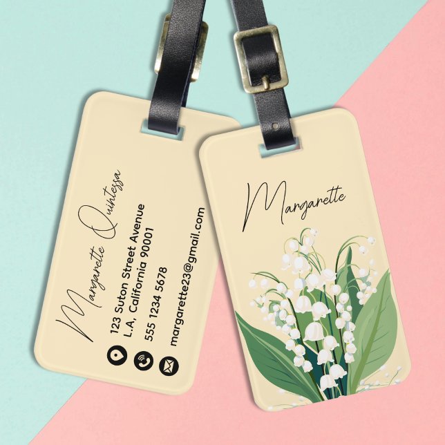 Étiquette À Bagage Muguet aquarelle Fleurs blanches Jaune (Créateur téléchargé)