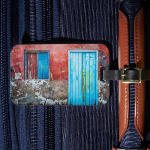 Étiquette À Bagage Mur, porte et fenêtre rouge, bleu et gris