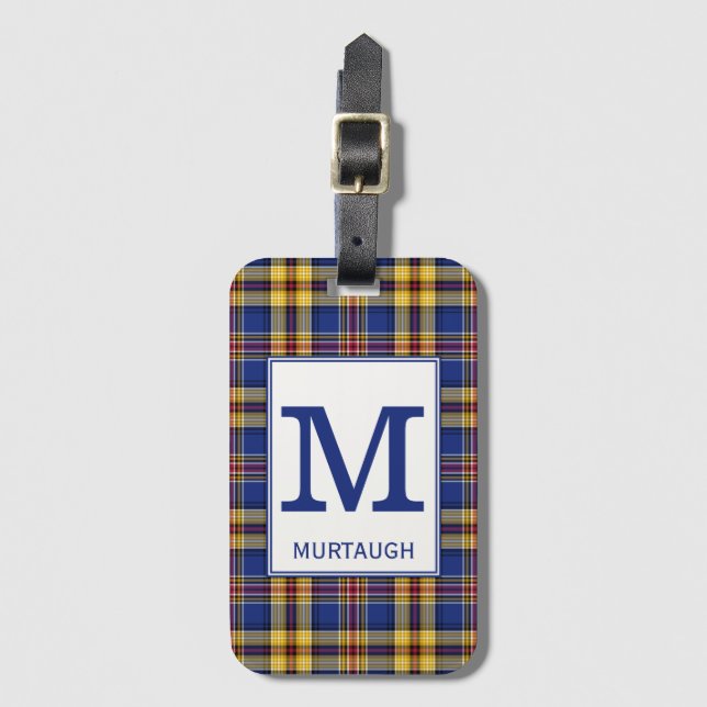 Étiquette À Bagage Murtaugh Tartan Royal Blue et Gold Plaid Motif (Devant Vertical)
