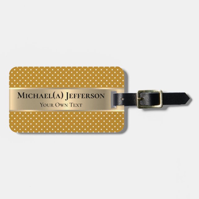Étiquette À Bagage Mustard Yellow Polka Dots Gold Band Personalized (Devant horizontal)