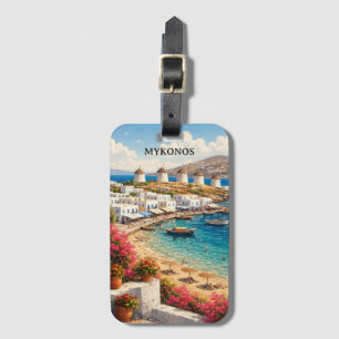 Étiquette À Bagage Mykonos Grèce Moulins Rétro Illustration de Voyage