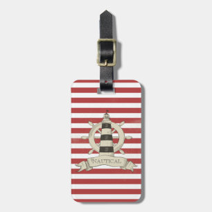 Étiquette À Bagage Nautique, Roue de bateau, Bandes rouges et blanche