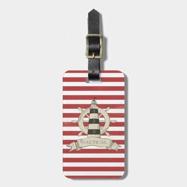 Étiquette À Bagage Nautique, Roue de bateau, Bandes rouges et blanche (Devant Vertical)