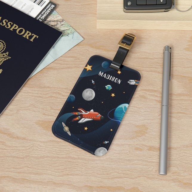Étiquette À Bagage Navette spatiale personnalisée Voyage Lune Étoiles (Outer Space Rocket Planets Luggage Tag)