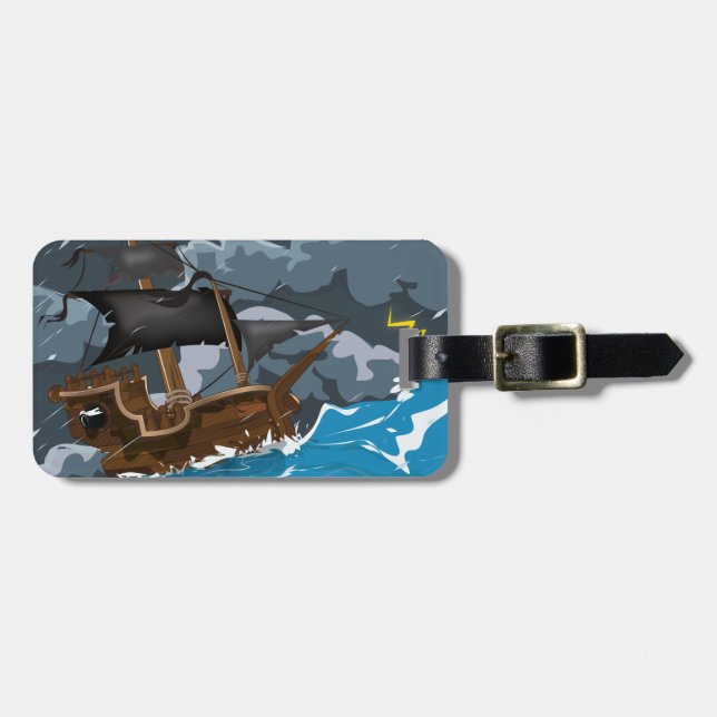 Étiquette À Bagage Navire Pirate dans la Tempête (Devant horizontal)