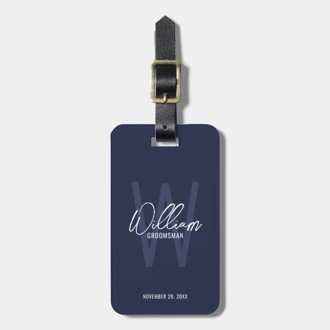 Étiquette À Bagage Navy Blue Modern Script Cuomsmen personnalisé (Devant Vertical)