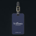 Étiquette À Bagage Navy Blue Modern Script Cuomsmen personnalisé<br><div class="desc">Script moderne Boutique de bagage personnalisées Groomsmen avec nom de marionnettiste personnalisé en blanc style de police de script moderne avec titre et date de mariage en style de police sans serif moderne sur arrière - plan bleu marine. Aussi parfait pour Maid of Honor, Flower Girl, Mother of the Bride,...</div>