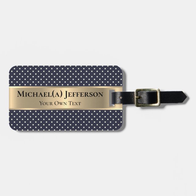 Étiquette À Bagage Navy Blue White Polka Dot Elegant Classic Gold (Devant horizontal)