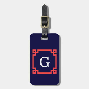 Étiquette À Bagage Navy, cadre grec à clé Corail Rouge #2 Monogramme