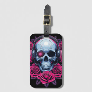 Étiquette À Bagage Neon Cyber Mort Crâne et Rose Noir